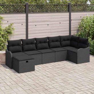 vidaXL Conjunto De Sof&aacute; De Jard&iacute;n Con Coj&iacute;n 7 Pcs Negro Polirat&aacute;n