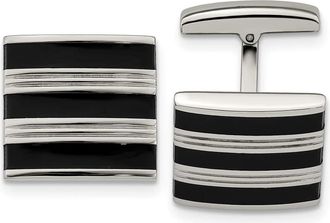 Diamond2Deal Stainless Steel Polished Grooved Black Rubber Stripes Cufflinks