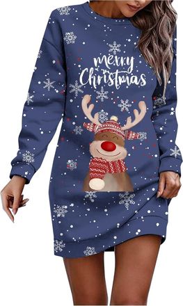 Generic Christmas Dresses for Women UK Elegant Women Christmas Sweatshirt Dress Snowflakes Reindeer Heads Merry Print Long Sleeve Hooded Womens Long Dresses K
