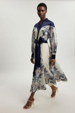 Karen Millen Womens Petite Scarf Print Organdie And Satin Mix Maxi Dress - White - Size 12 UK