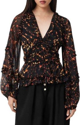 AllSaints Silvie Print Ruffle Top in Pardus Flame Brown at Nordstrom Rack, Size 12 Us / 16 Uk