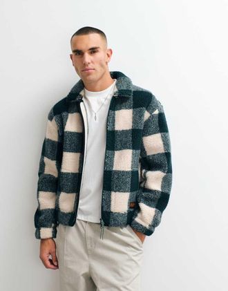 Parlez Clothing Province - Giacca in pile borg verde a quadri