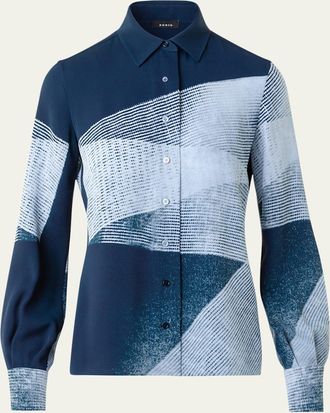 Akris Zigzag Print Silk Crepe Button-Down Blouse