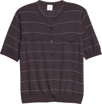 Eleventy Metallic Stripe Short Sleeve Wool Cardigan in 177 Amethyst at Nordstrom, Size X-Small