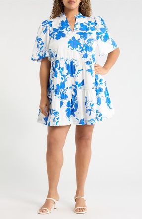 Sugarlips Aby Floral Dixie Tiered Cotton Dress in White Cobalt Multi at Nordstrom, Size 2 X