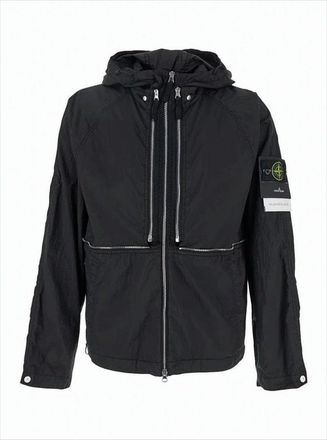 Stone Island Black Lightweight Hooded Jacket With Reflective Piping And Distinctive Patch
