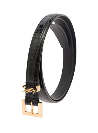 Saint Laurent Womens Leather Belt Cassandre Crocodile-Embossed Black