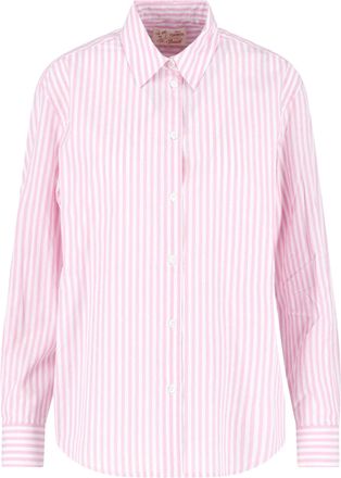 MC2 Saint Barth Long-Sleeved Cotton Shirt with Vertical Pink Stripes and Logo Embroidery