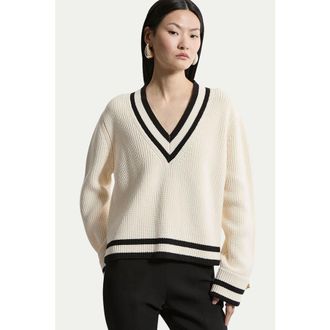 Karen Millen Cotton V-Neck Knit Boxy Jumper in Ivory at Nordstrom, Size Medium