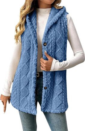 Generic Womens Gilets Teddy Fleece Gilets with Hood Ladies Button Up Waistcoats Sleeveless Jumpers Long Sweater Cardigan Thermal Vests Lightweight Gilet Jacke