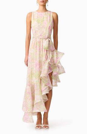Elliatt Lacinda Ruffle Tie Waist Asymmetric Gown in Ivory Multi at Nordstrom, Size X-Large
