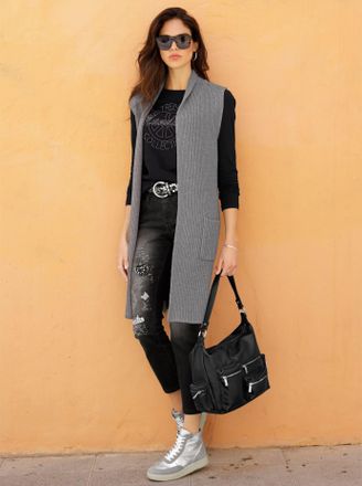 Heine Strickweste HEINE, Damen, Gr. 34, grau (grau, meliert), 50% Viskose, 28% Polyester, 22% Polyamid, unifarben, Westen Strickweste