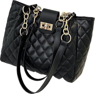 Generic Woven Tote Bag Stylish Women Handbag Shoulder With Chain Leather Strap Fashion Shopping Travel(Quilted Black)