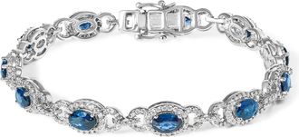 House of Brilliance 14K White Gold Vintage-Inspired Oval Blue Sapphire & Diamond Link Bracelet