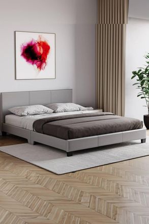 Home Discount Vida Designs Lisbon Faux Leather Bed Frame UKFR Fabric with Mattress in Grey | Size: King