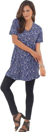 Roaman's Plus Size Ultimate Cotton V-Neck Short Sleeve Tunic in Navy Cool Texture at Nordstrom, Size Medium