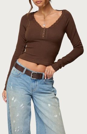 Edikted Shanah Lacy Henley in Brown at Nordstrom, Size X-Small