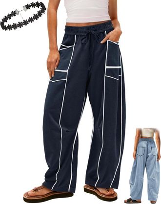 Generic Commendize Baggy Barrel Sweatpants, 2025 New Wide Leg Drawstring Commendize Barrel Pants w/Pockets & Patchwork High Waist (UK, Alpha, L, Regular, Regu