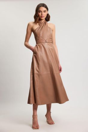Karen Millen Womens Leather Cross Halter Neck Midi Dress - Tan - Size 14 UK