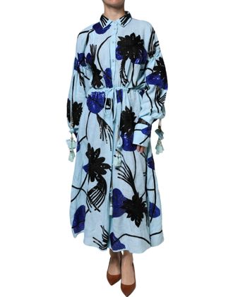 Christian Pellizzari Womens Light Blue Floral Embellished Shirt Maxi Dress Linen