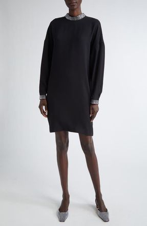 St. John Satin Trim Long Sleeve Dress in Black at Nordstrom, Size Medium