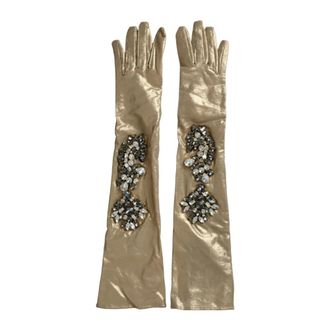 Dolce & Gabbana Guantes de sat&eacute;n hasta el codo con cristales - Accessories - Mujer - Beige - ONE SIZE