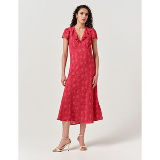 Ghost London Kimmy Floral Frill Neck Crepe Midi Dress in Pink Dotty Floral at Nordstrom, Size 10