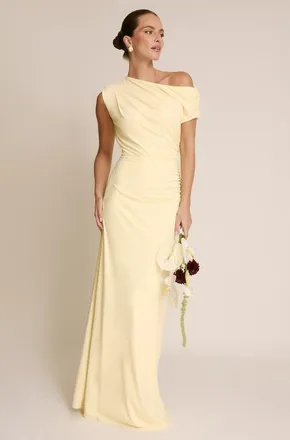 Six Stories Slash Neck Draped Bridesmaid Dress in Lemon at Nordstrom, Size 12
