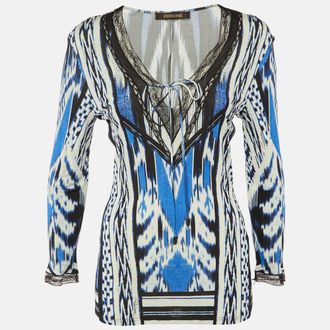 Roberto Cavalli Blue/black Printed Jersey Lace Detail Top