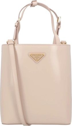 Prada Tassen, Dames, Beige, ONE Size, Leer, Triangle Logo Leren Tote Bag