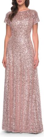 La Femme Stunning Beaded Gown with Short Sleeves in Mauve at Nordstrom, Size 10
