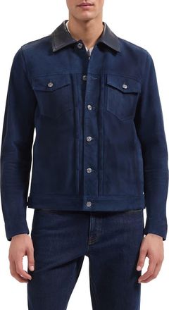 Bugatchi Hybrid Leather Trucker Jacket in Navy at Nordstrom, Size Xx-Large