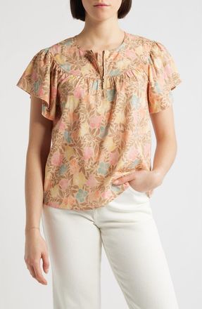Wit & Wisdom Floral Flutter Sleeve Quarter Zip Top in Golden Sugar Multi at Nordstrom, Size X-Small
