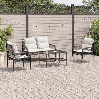 vidaXL Juego De Sof&aacute;s Jard&iacute;n 4 Pzas Con Cojines Rat&aacute;n Sint&eacute;tico Negro Vidaxl
