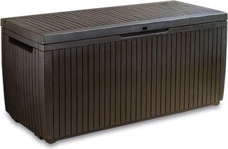 Dmora Dmora - Baúl de almacenamiento exterior Burlington, Cofre de jardín, Banco con almacenaje, Arcón para exteriores, 123x54 h57 cm, Marrón