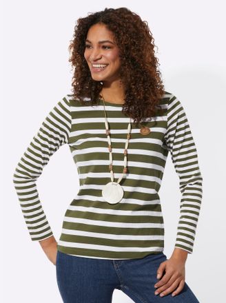 Casual Looks T-Shirt CASUAL LOOKS Shirt, Damen, Gr. 38, weiss (oliv, wei&szlig;, geringelt), 100% Baumwolle, gemustert, gestreift, mehrfarbig, Rundhals, Shirts T-Shirt