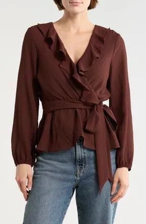 Max Studio Ruffle Long Sleeve Faux Wrap Top in Cocoa at Nordstrom Rack, Size X-Large
