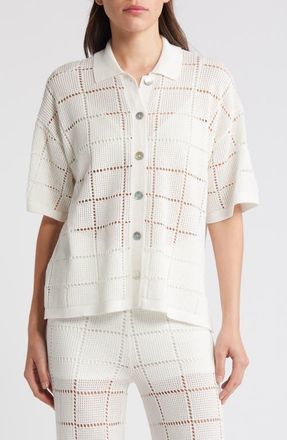 Rails Clemente Open Stitch Short Sleeve Cotton Button-Up Polo Sweater in White at Nordstrom, Size X-Small