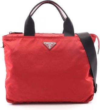 Prada Black Red Color Nylon Leather Handbag Tote Bag (Pre-Owned)