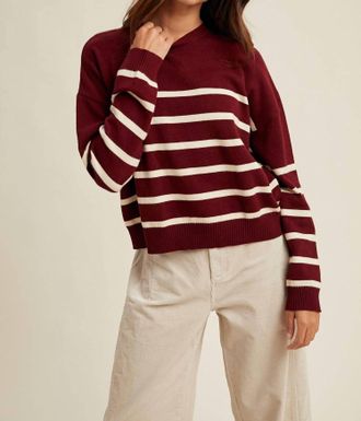 Wishlist Striped Drop Shoulder Lightweight Sweater In Wine Ivory