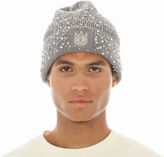 Cult of Individuality Knit Hat Crystals And Pearls In Charcoal Grey