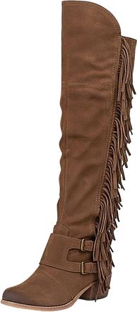 Generic Womens Fringe Cowboy Thigh High Boots Tassel Western Cowgirl Casual Comfortable Womens Knee-high Boots with Side Zipper 2025 Winter Pointed Toe Solid 