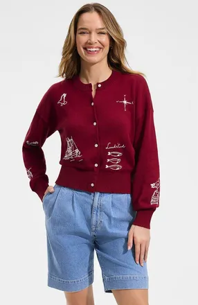 Lands End Cotton Embellished Cardigan Sweater in Regal Garnet Seascape at Nordstrom, Size X-Small
