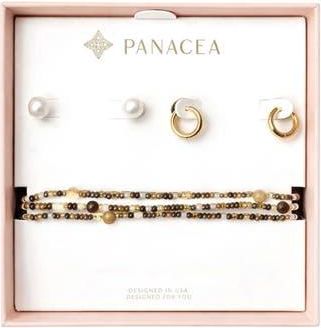Panacea Faux Pearl Stud, Huggie Hoop Earrings & Beaded Stretch Bracelets Set in Brown at Nordstrom Rack