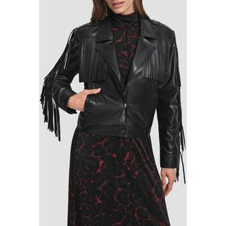DKNY Fringe Faux Leather Jacket in Black at Nordstrom Rack, Size Xx-Small
