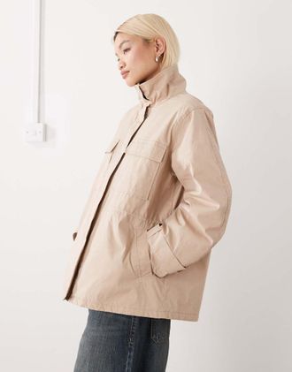 Monki Parka beige stretto in vita con colletto in pelliccia rimovibile-Neutro