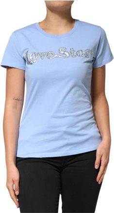Pinko T-shirt met ronde hals - Dames - T-shirts - Blauw - XS - Pailletten - Tops