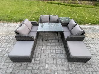 Fimous Outdoor Rattan Garden Furniture Set 8 Seater Patio Love Sofa Set with Rectangular Dining Table 2 Big Footstool Side Table in Dark Grey