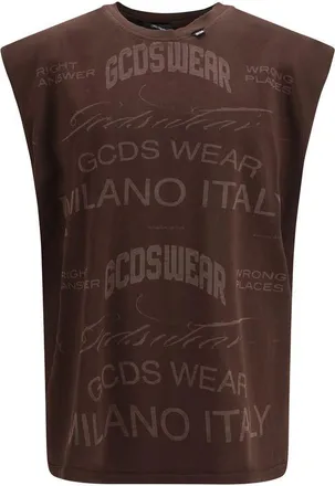 GCDS Bruine Katoenen Mouwloze T-Shirt