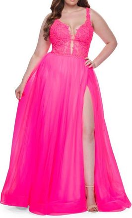 La Femme Deep V Plus Size Tulle Dress with Lace Illusion Bodice in Neon Pink at Nordstrom, Size 18W
